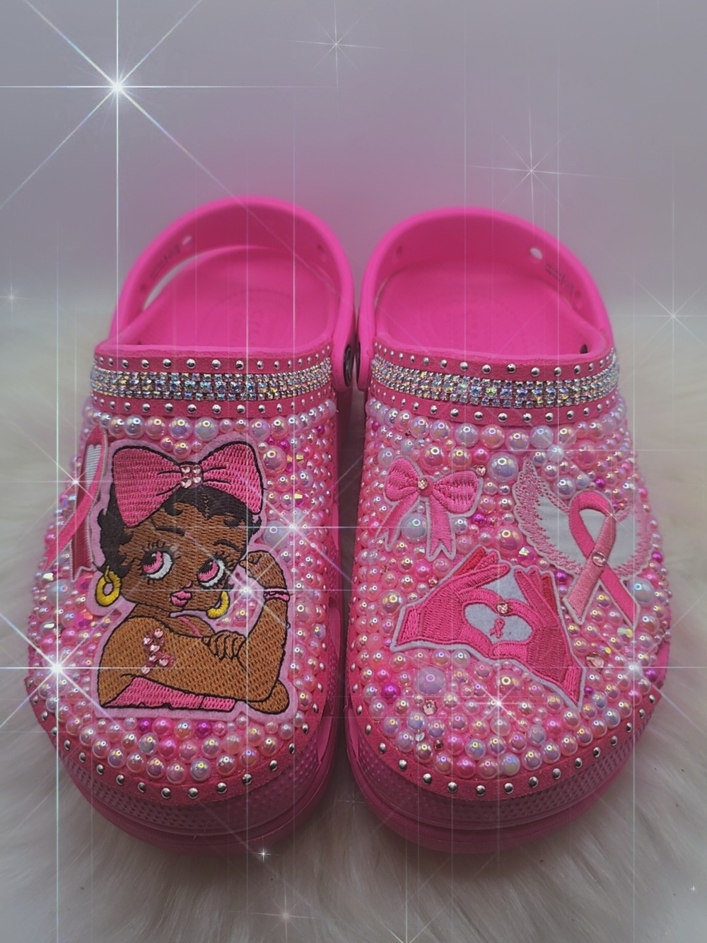 Womens Pink Beaded Clog Shoes with Bow & Ribbon Embellishments